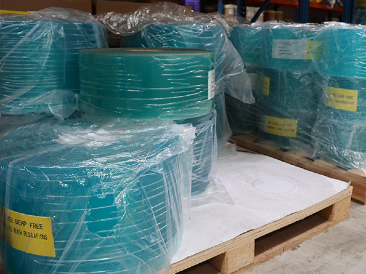 Premium bulk rolls of PVC material - multiple full roll shown in strip plastic transparent material used for PVC Strip curtains, clear plastic door curtains, strip curtains,.